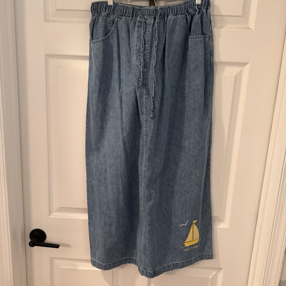 Quacker Factory Blue Denim Skirt Sailboat Applique Womens Size L Nautical‎